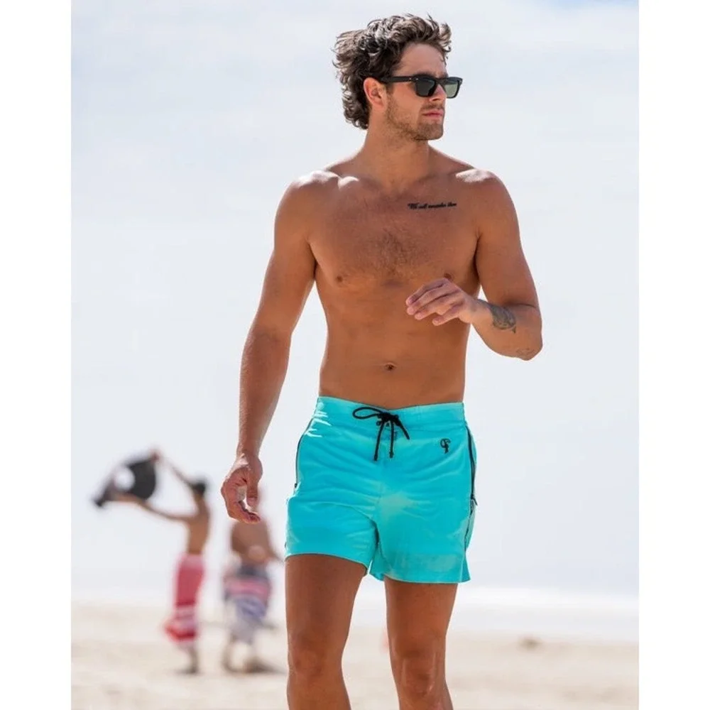 NEW Tucann Fluro Aqua 5 Inch Swim Short Mens Large Blue Compression Liner Trunks